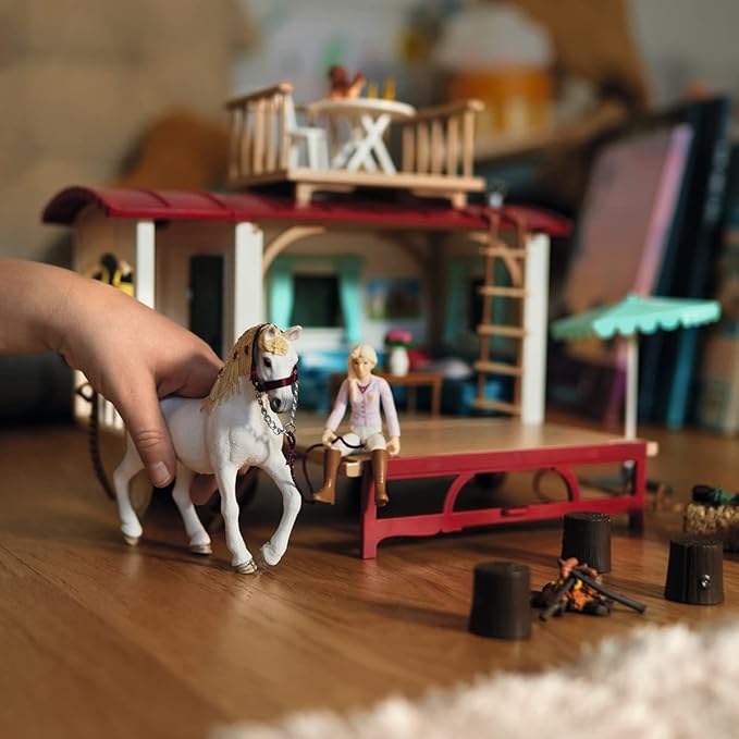 Schleich Horse Club - 95PC Sofia's Secret Camper Playset with Removable Rooftop Balcony - Includes Camper, Horse and Rider Figurines and Accessories - Modular Play Set for Girls - Kids Ages 5+ | 42593