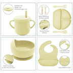 100% Silicone Baby Feeding Set,BPA Free Baby Dishes Set with Suction Bowl Divided Plate,Toddler Self Feeding Dish Set with Spoons Forks Sippy Cup and Bib, Baby Eating Utensils (Yellow)
