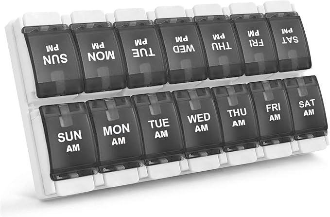 Sukuos AM PM Weekly 7 Day Pill Organizer, 2 Times A Day Pill Box with Arthritis Friendly Push Button, Medicine Cases for Vitamin/Fish Oil/Supplements, Easy to Clean (Black)