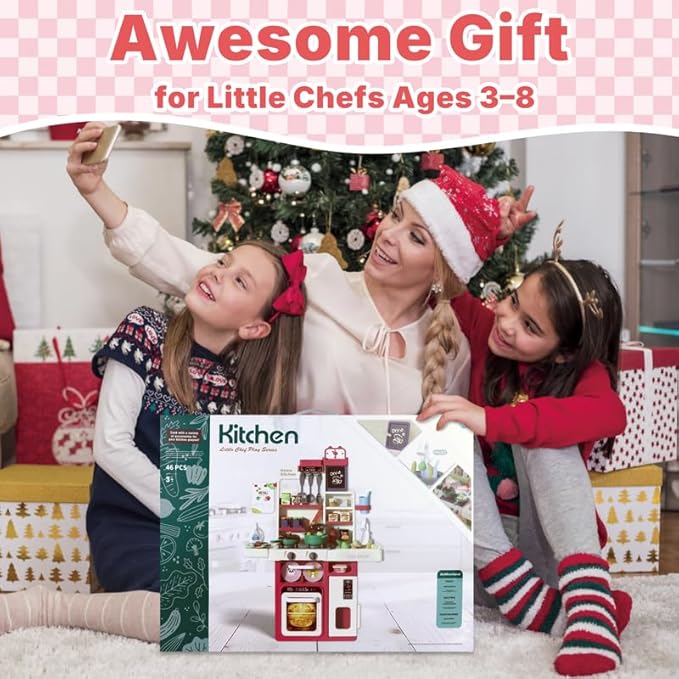 Kids Pretend Kitchen Playset with Electronic Stove, Steam & LED Lights – Interactive Toddler Kitchen Toy with Working Sink, Play Food & Accessories for Girls & Boys 3–8 Years (Red)