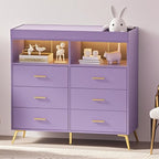 Dresser for Bedroom with 6 Drawers, Multi-Functional Nursery Dresser with LED Lights & Charging Station,Baby Changing Table Table with Diaper Changing Station