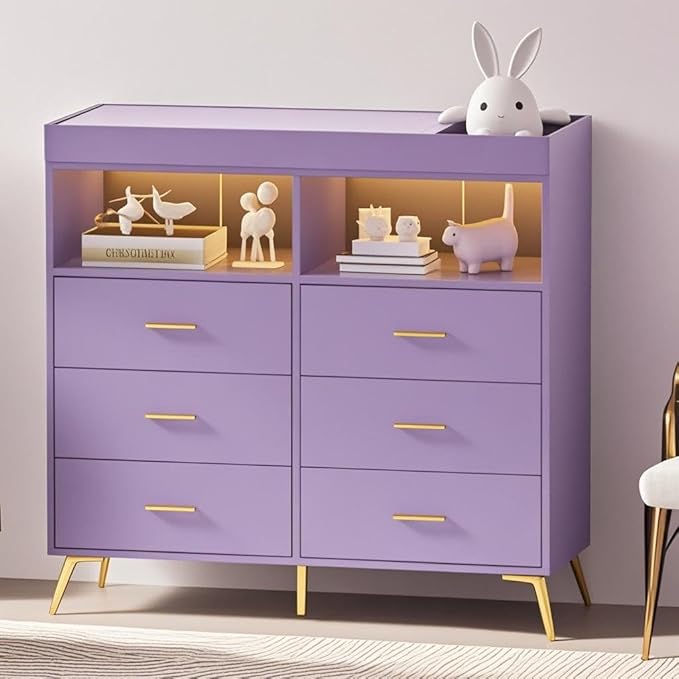 Dresser for Bedroom with 6 Drawers, Multi-Functional Nursery Dresser with LED Lights & Charging Station,Baby Changing Table Table with Diaper Changing Station