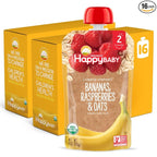 Happy Baby Organics Stage 2 Baby Food Pouches, Gluten Free, Vegan & Healthy Snack, Clearly Crafted Fruit & Veggie Puree, Bananas, Raspberries & Oats, 4 Ounces (Pack of 16)