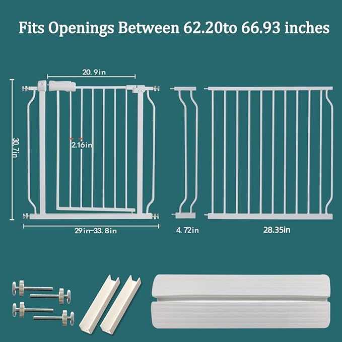 ALLAIBB Baby Gate Pressure Mounted Extra Wide Walk Through Child Kids Safety Toddler Tension White Long Large Pet Dog Gates with Extension for doorways Kitchen and Living Room (62.20-66.93"/158-170cm)