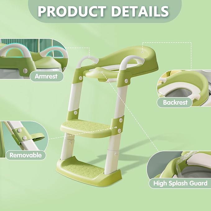 Potty Chair, potty training toilet seat with step stool ladder for Kids and Toddler Boys Girls - Kids Potty Training Soft Padded Seat（Green）