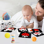 Montessori Toys for Babies 0-6 Months,7 in 1 Newborn Toys Baby Gifts Set Early Learning Toys with Black & White Baby Flashcards,Tummy Time Mirror,Baby Rattle,Sensory Balls,Tissue Box Toys,Rain Stick