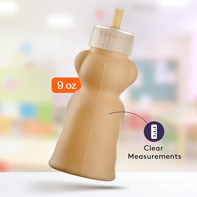 Special Supplies Honey Bear Straw Cup Long Straws, Squeezable Therapy and Special Needs Assistive Drink Container, Spill Proof and Leak Resistant Lid (Pack of 1 Bottle and 3 Straws) (Brown)