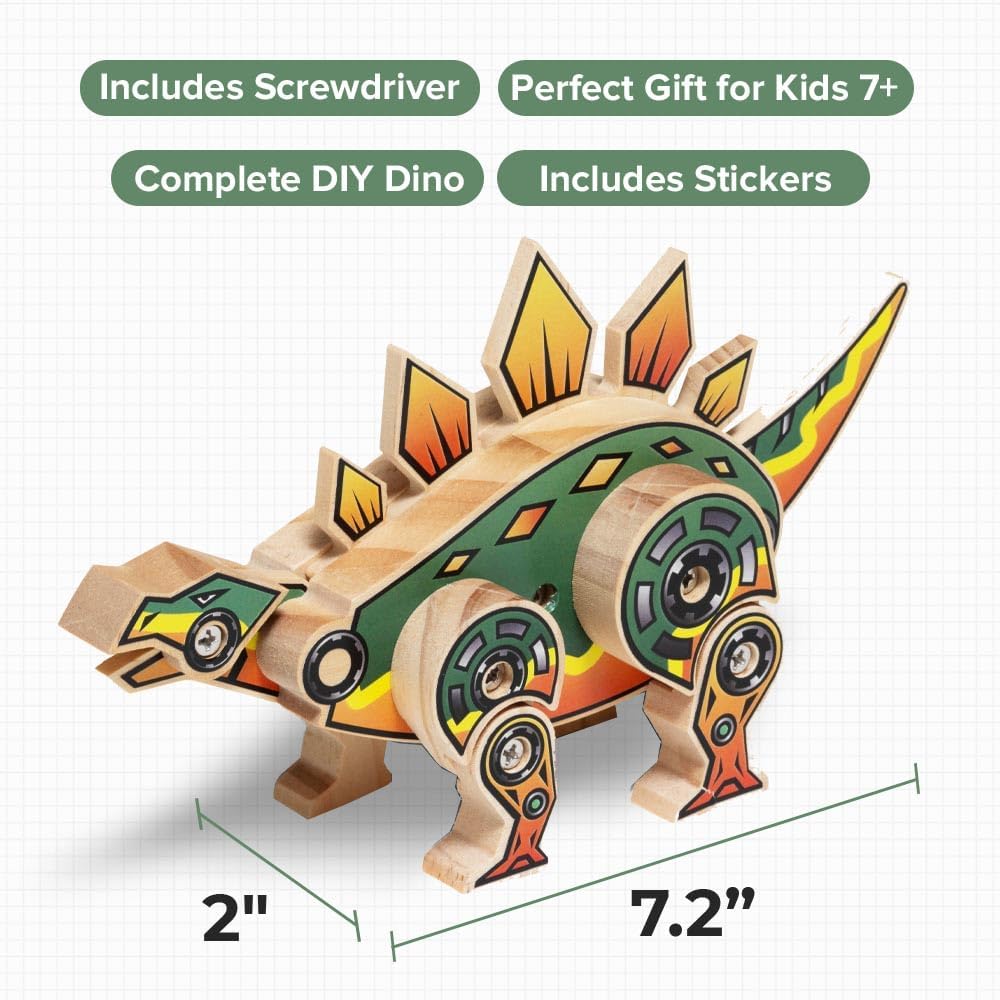 Little Jupiter DIY Wooden Kit with Stickers - Dinosaur Toys for Kids for 7-12 Yrs - Dinosaur Toy Woodworking Kits - Wood Crafts - Kids Building Kit - Wooden Crafts (Stegosaurus)