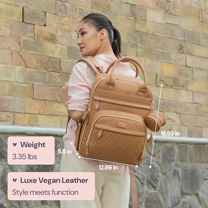 BabbleRoo Leather Diaper Bag Backpack - Baby Essentials Travel Baby Bag, Multi function, Waterproof, with Changing Pad, Stroller Straps & Pacifier Case – Unisex, Light Brown