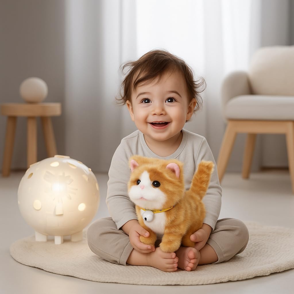 Easfan Walking Plush Kitty Toy Stuffed Animal Electric Interactive Talking Musical Plush Toy Grey Cat Leash Tail Wagging Christmas Birthday Gifts for Kids Toddlers,7"