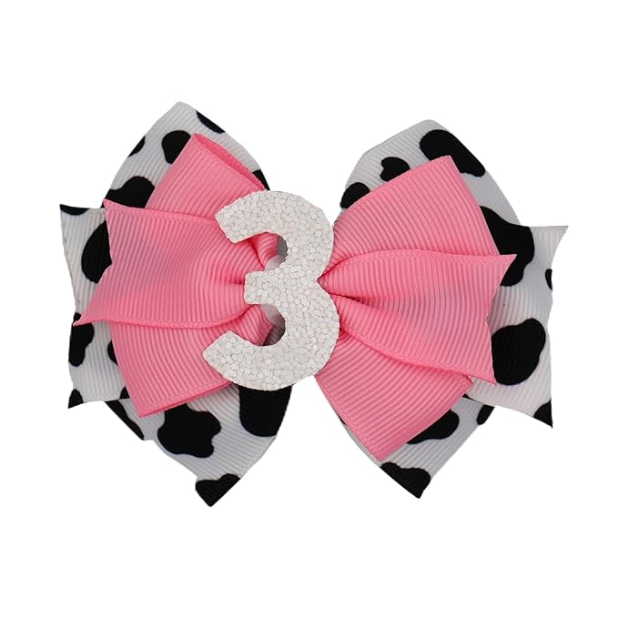 Birthday Hair Bow for Baby Girls 1 2 3 4 5 6 Years Sprinkle Decorations Party Pink Hair Accessories for Three 3rd Birthday Cow Print Cowgirl