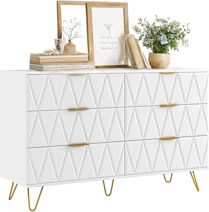 White Dresser for Bedroom,Modern 6 Drawer Dresser with Gold Handle and Leg,Wide Storage Chest of Drawers,Wood Dresser Bedroom Furniture,TV Dresser for Living Room