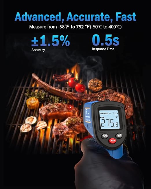 Infrared Thermometer Laser Temperature Gun, Digital Surface Heat Temp Gun Non-Contact for Cooking Food, Pizza Oven, Griddle Meat, Refrigerator, HVAC, Grill, Engine -58 to 752°F (GM321-2)