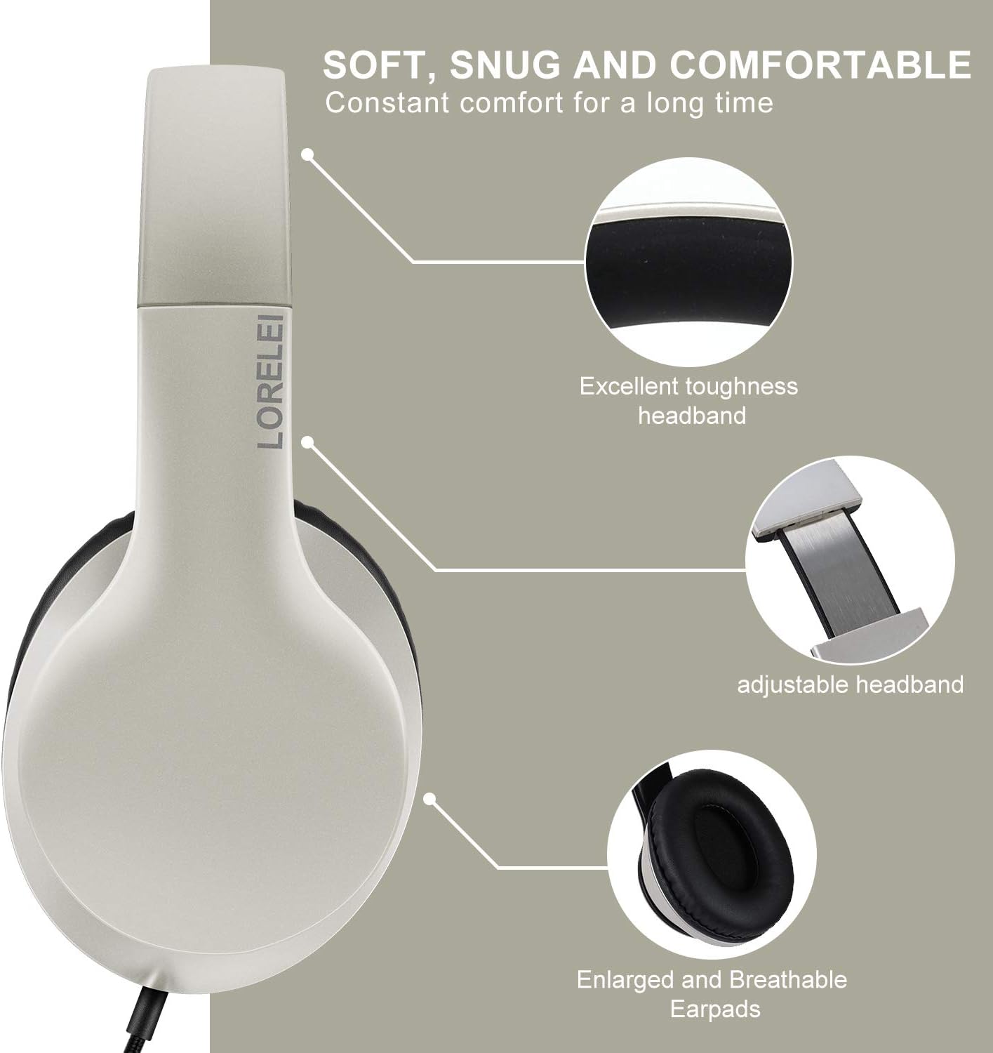 LORELEI X6 Over-Ear Headphones With Microphone, Lightweight Foldable & Portable Stereo Bass With 1.45M No-Tangle, Wired for Smartphone Tablet MP3/4