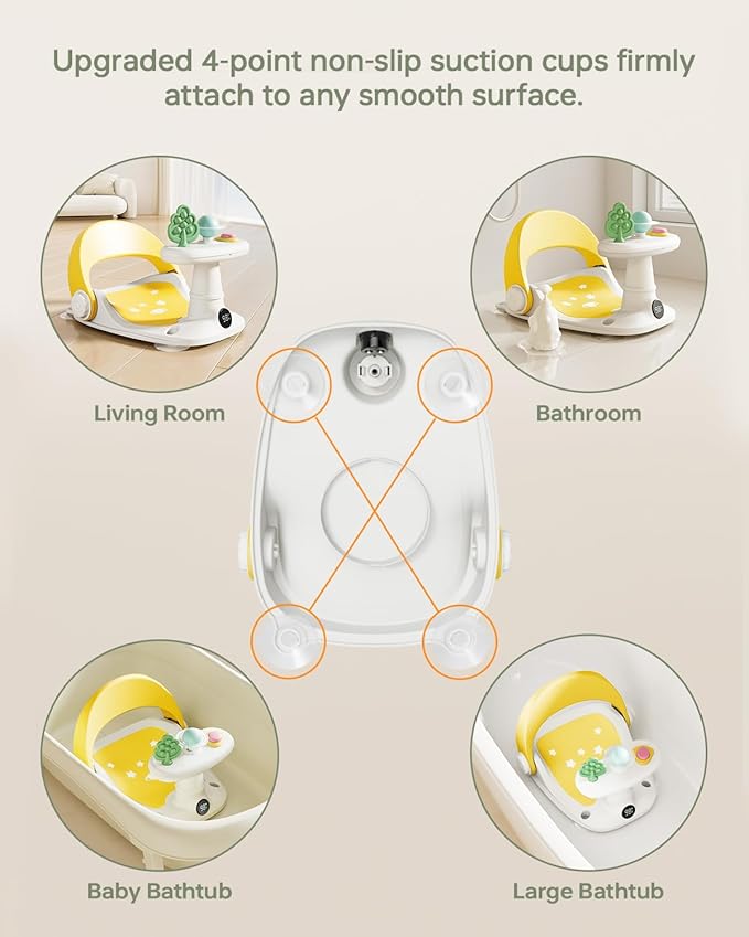 Baby Bath Seat for Babies 6 Months & Up Bath Seats for Babies Sitting Up Non-Slip Infant Bathtub Chair with Suction Cups & Water Thermometer for Toddlers Sitting Up, Easy to Clean (Yellow)