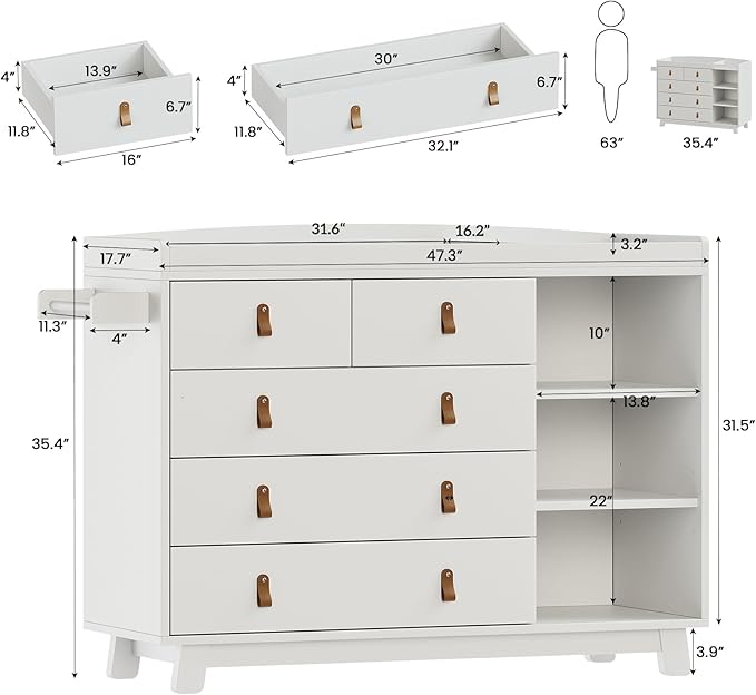 Baby Dresser with Changing Table Top, Nursery Dresser with 5 Drawers and Adjustable Shelves, Storage Organizer for Kids Bedroom, White