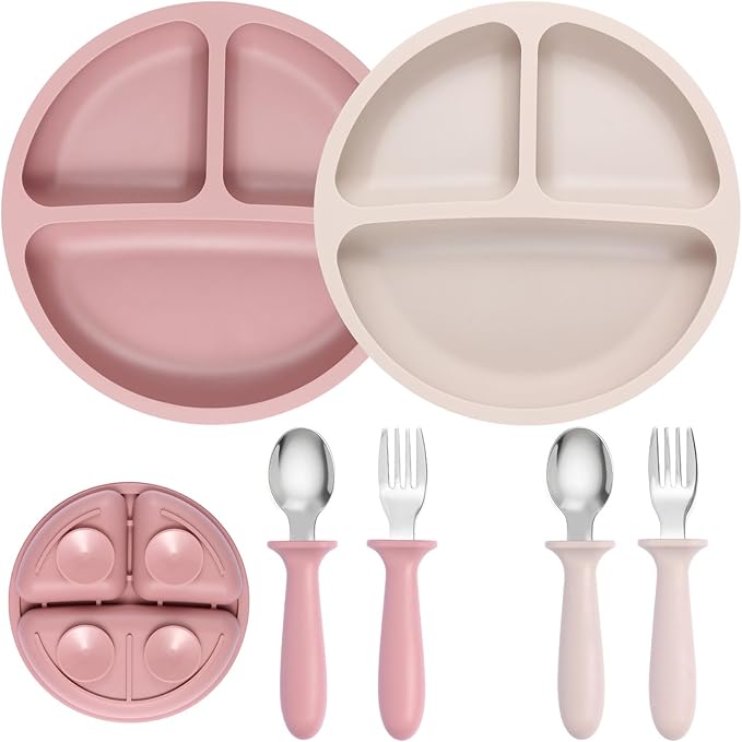 2 Pack Silicone Divided Baby Plates with Suction, 2 Pack Toddler Forks and Spoons Set, BPA Free, Baby Feeding Set for Toddler Utensils, Microwave and Dishwasher Safe