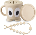 Silicone Snack Cups Food Container for Toddlers and Babies, Spill Proof Training Cup with Snack Cup Lid & Dust Proof Lid, Comes with a toy strap, Without BPA, Lead, or Phthalates (Beige)