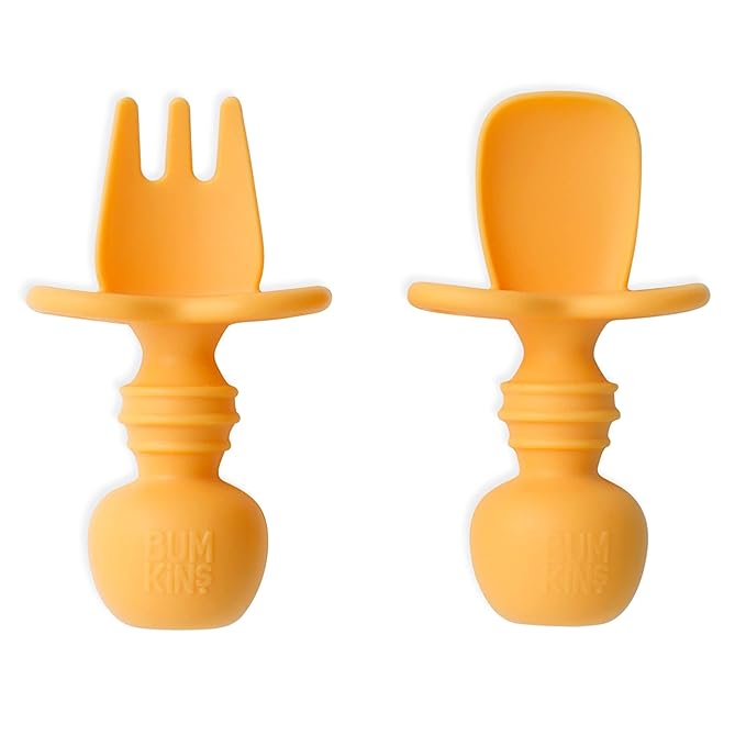 Bumkins Baby Utensils Set, Chewtensils Silicone Spoons for Dipping, Self-Feeding, Baby Led Weaning, Trainer Learning, First Stage Eating, Soft Practice Fork and Spoon, Babies 6 Months, Tangerine
