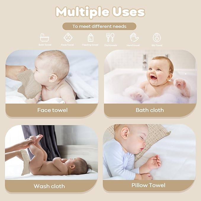 Yoofoss Muslin Baby Washcloths 100% Cotton Face Towels 6 Pack Wash Cloths for Baby 12x12in Soft and Absorbent Baby Wipes (Apricot)