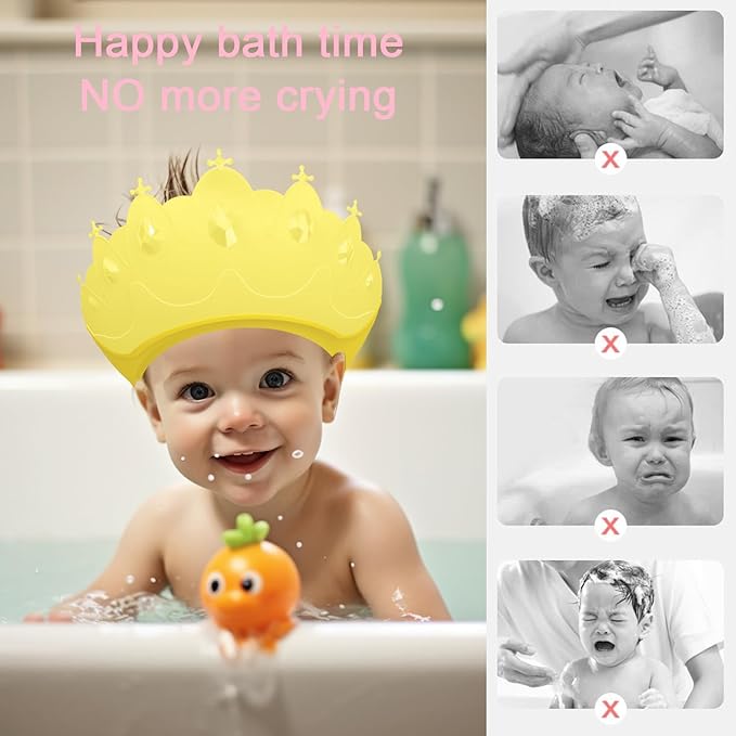 Baby Shower Cap Shield, Baby bath set shower cap, Visor Hat for Eye and Ear Protection for 0-9 Years Old Children,Cute Crown Shape Makes the Baby Bath More Fun (Yellow)