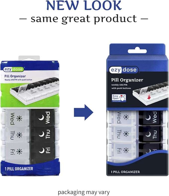 EZY DOSE Push Button (7-Day) Pill Case, Medicine Planner, Vitamin Organizer, 2 Times a Day AM/PM, Removable Trays, Large Compartments, Arthritis Friendly, Spring Open Black and White Lids, BPA Free