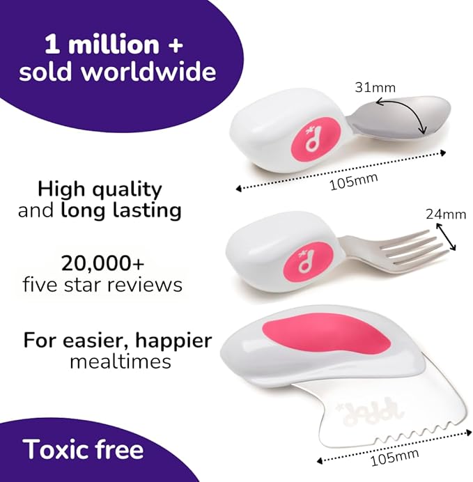 doddl Toddler Utensils, Ergonomic Fork Spoon and Knife Set for Self Feeding, Stainless Steel Silverware for 1-3 Year Olds, BPA Free, Dishwasher Safe (Magenta)