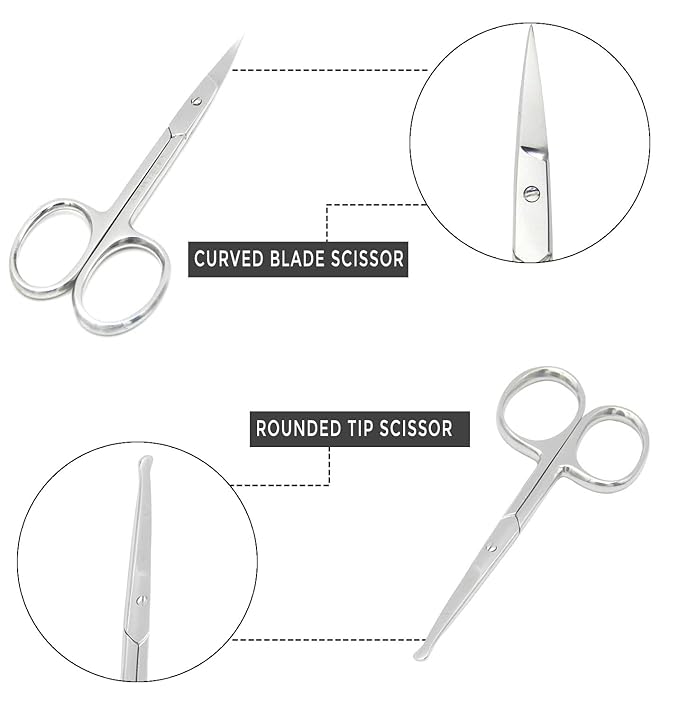 Pack of 2 Curved & Rounded Blunt Tip TSA Stainless Steel Small Scissors for Eyebrows & Eyelashes for Beard Trimming & Moustache, Baby Scissors for Nails, Nose & Facial Hair Scissor.