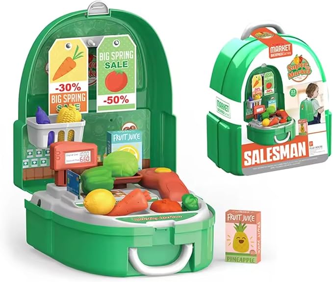 Kids Pretend Cash Register Playset – 22-Piece Grocery Store & Cashier Toy with Scanner and Accessories, Portable Backpack Storage for Boys & Girls Ages 3+ (Cashier/Salesperson)