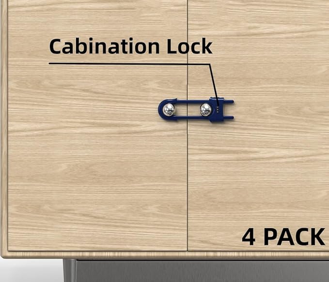 4 Pack Child Proof Sliding Cabinet Door Code Locks Baby Safety Cupboard Locks Adjustable U Shaped Cabinet Latches for Knob Handle Drawers Closet (4 PCS, Blue)