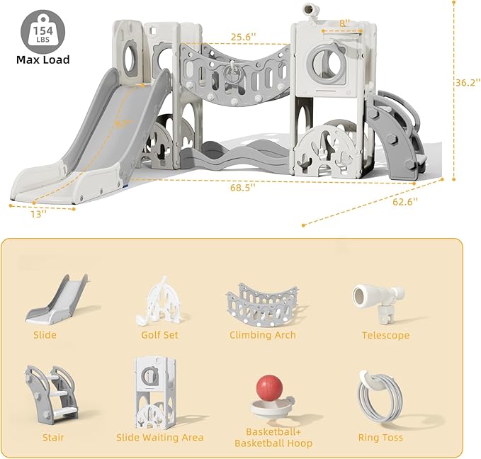 KORIMEFA 10 in 1 Toddler Slide Set, Kids Slide for Toddlers, Outdoor Indoor Playground for Toddlers 1-3, Toddler PlaySet with Basketball Hoop and Ball Golf Set, Climbing Arch(Grey)