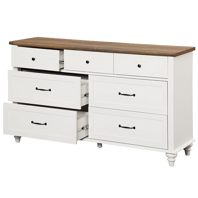 WAMPAT Kids Dresser with 7 Drawers for Bedroom, White Baby Dresser for Nursery & Kids Room, Mid Century Modern Chests & Dressers, Distressed Wide Dressers Organizer for Children’s Bedroom, 54 Inch