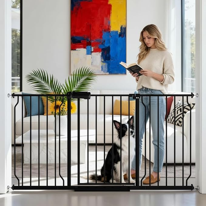 TSAYAWA Extra Wide Baby Gate with Door, 52.76~62.2 Inch Wide Presure Mounted No Drill Metal Auto Close Child Gate for Stair Doorway - Indoor Outdoor Safty Gate for Toddler Dog Doggie, Black