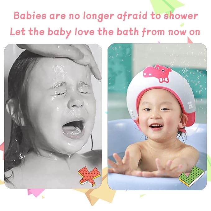 Baby Shower Cap Shield, Shower Cap for Kids, Visor Hat for Eye and Ear Protection for 0-9 Years Old Children,Cute Dinosaur/Crocodile/Hippo shape Makes the Baby Bath More Fun (Hippo, Red)