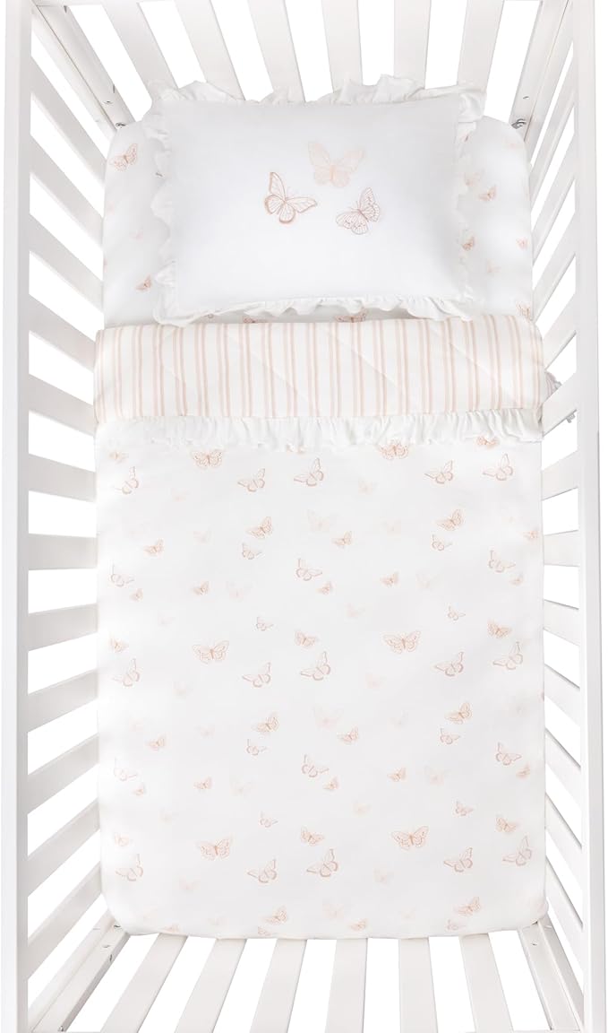 Ely's & Co. Mini Crib Bedding Set for Girls, 4 Piece Set - 1 Fitted Mini Crib Sheet, Quilted Comforter and Decorative Pillow with Insert, Pink Butterfly+Stripe Collection