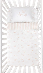 Ely's & Co. Mini Crib Bedding Set for Girls, 4 Piece Set - 1 Fitted Mini Crib Sheet, Quilted Comforter and Decorative Pillow with Insert, Pink Butterfly+Stripe Collection