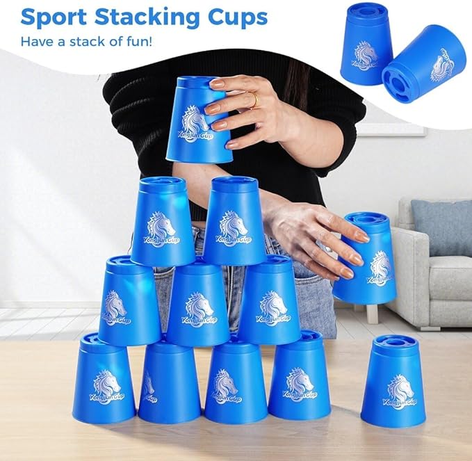 yeesport 24 Pcs Sport Stacking Cups, Sport Training Game for Challenge Competition, Plastic Stacking Cups, Classic Family Game for Kids and Adults, Blue+Green