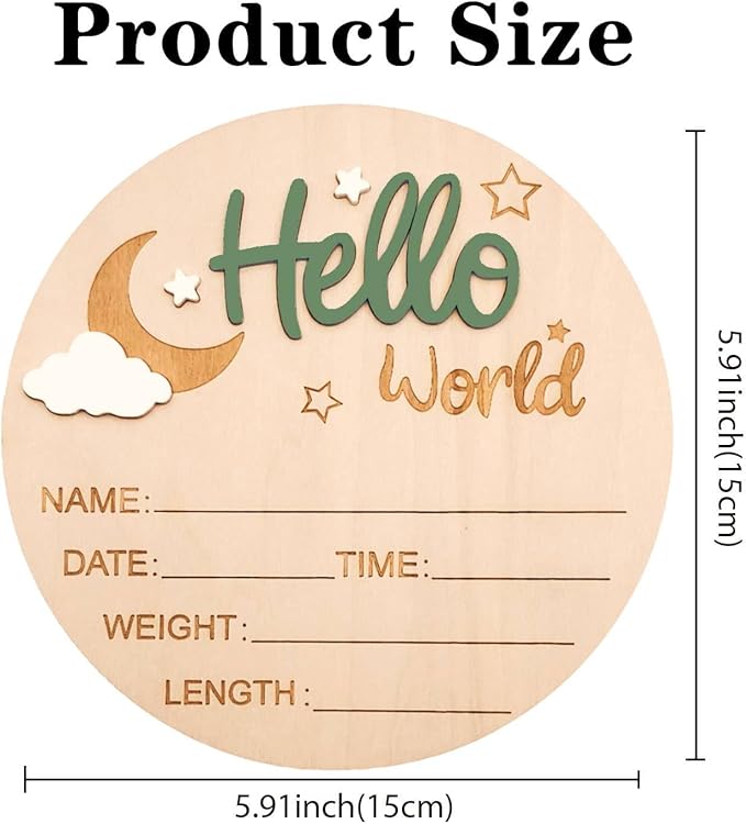 Baby Announcement Sign, 5.9 Inch Wooden Hello World Newborn Signs, Birth Announcement Sign and Pen, Moon and White Cloud Decoration, Welcome Newborn Arrival to World, Hospital Nursery for baby (Green)