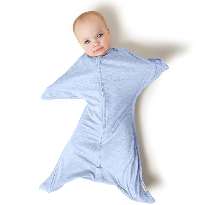 SleepingBaby Zipadee-Zip Transition Swaddle - Cozy Baby Swaddling Blanket with Zipper Convenience - Roomy Wearable Blanket for Easy Diaper Changes - 3-6 Month - Baseline Blue Heather