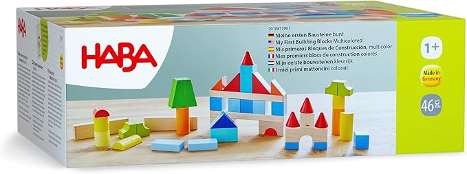 HABA Colored Wooden Building Blocks - 46 Piece Set of Wooden Toys, Stacking Toys for Toddlers 1-3 for Open Ended STEM Play, Made in Germany
