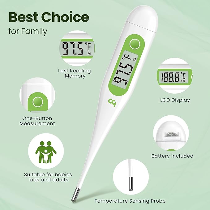 Femometer Thermometer for Adults and Kids, Digital Thermometer with Fever Alert, Memory Recall, C/F Switchable, for Oral, Rectal or Under Arm Use, Green