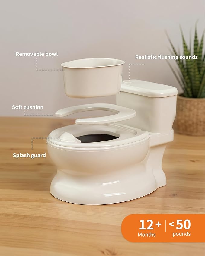 Realistic Potty Training Toilet - Flushing Sounds, Wipes Storage, Disposable Liners, Easy to Clean for Toddler Boys and Girls, Yellow-White