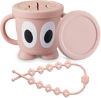 Silicone Snack Cups Food Container for Toddlers and Babies, Spill Proof Training Cup with Snack Cup Lid & Dust Proof Lid, Comes with a toy strap, Without BPA, Lead, or Phthalates (Pink)