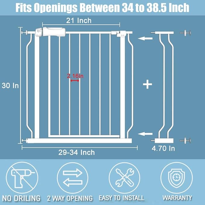 Extra Wide Baby Gate 34-38.5 Inch Wide with Pressure Mounted Extention Kit Walk Through Pet Gate Safety Child Gate for Stairs Doorways Kitchen Living Room
