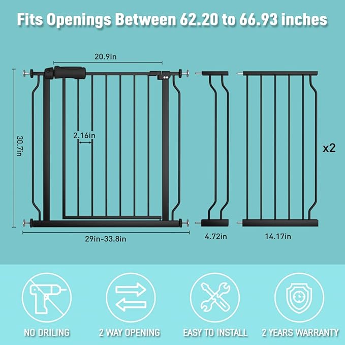 WAOWAO Baby Gate 62.19-66.92" Extra Wide Pressure Mounted Walk Through Swing Auto Close Safety Black Metal Toddler Kids Child Dog Pet Puppy for Stairs,Doorways,Kitchen