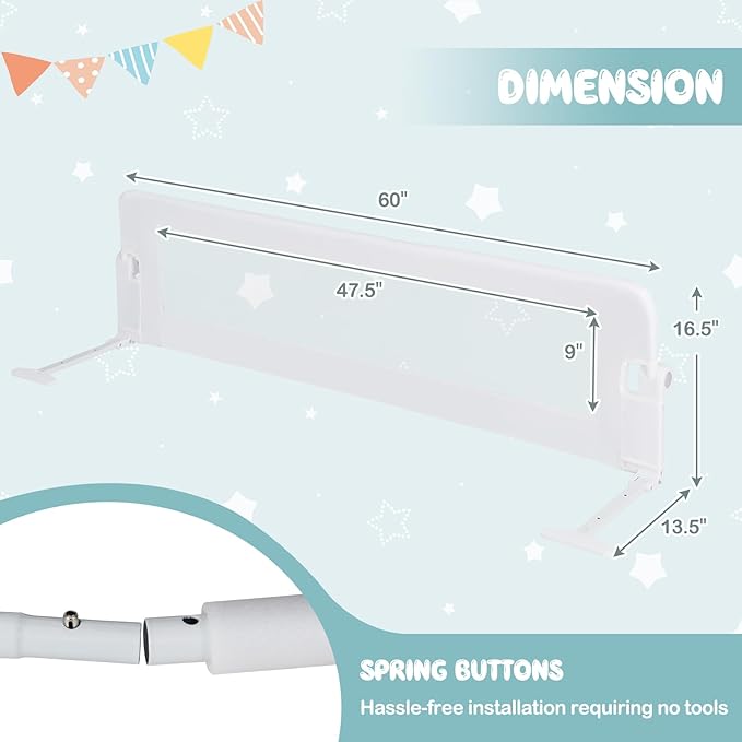 BABY JOY Double Sided Bed Rail Guard, 2 Pack, Extra Long, Swing Down for Convertible Crib, Folding Baby Safety Bedrail for Kids Twin Full Size Queen King Mattress, Rails for Toddlers (White, 60")