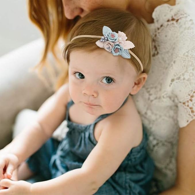 Baby Girl Nylon Headbands Flower Hair Bows Accessories-Elastic Hair Band Crown Handmade FLoral Wraps Birthday Gifts for Girls Newborn Infant Toddler 4Pcs