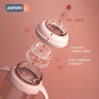 POTATO Glass Baby Bottles, Anti-Colic Breastfeeding Bottles with Fast Flow Nipple, Suitable for Babies 6-12 Months, 2 Replaceable Nipples, 8 oz, Pink