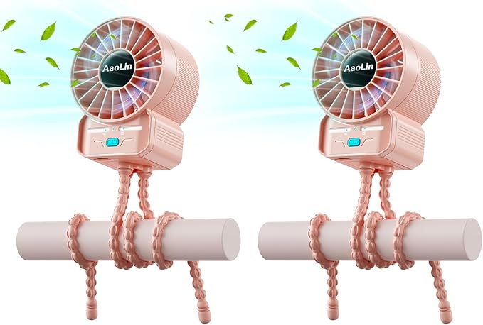 2 Pack Multifunctional Portable Stroller Fan 4 Speed 6600rpm High Speed Usb Rechargeable Personal Mini Handheld Fan Extended Tripod For Desktop Winding Kids Bed Treadmill Bike Golf Cart Outdoor Travel