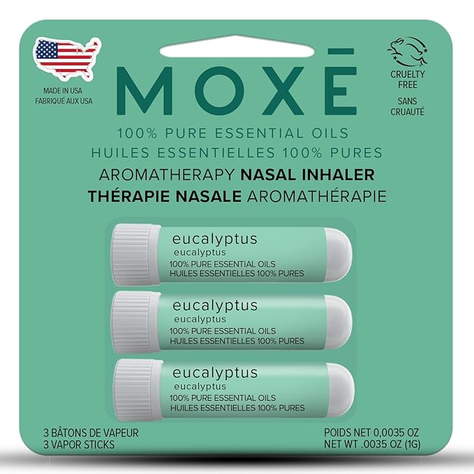 MOXĒ Eucalyptus Essential Oil Nasal Inhaler, Sinus & Congestion Relief, Daily Relaxation, Stress Relief, Therapeutic No-Mess Aromatherapy, Pure and Natural, Made in USA (3 Pack) packaging may vary
